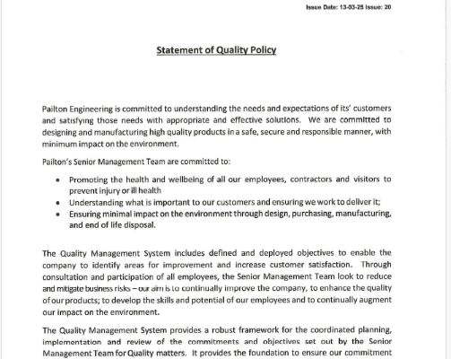 The statement of Quality Policy for Pailton Engineering