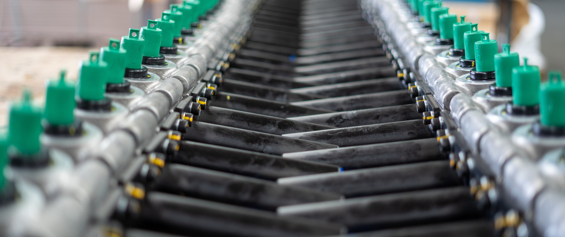 Lined up shafts and bevel boxes connected