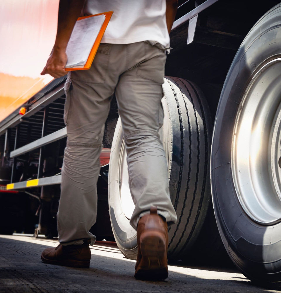 A man with a clipboard inspecting a truck